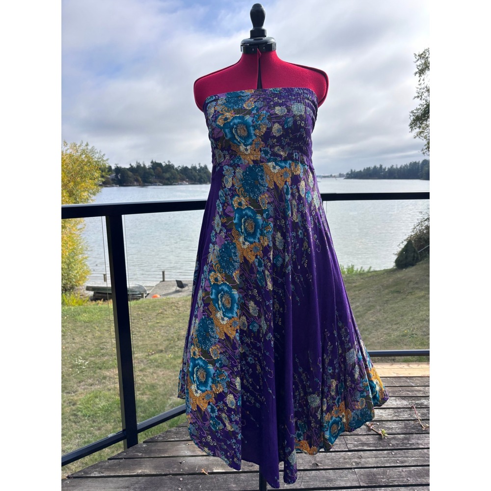 SILVERWOOD floral strapless dress women One Size purple smocked handkerchief hem